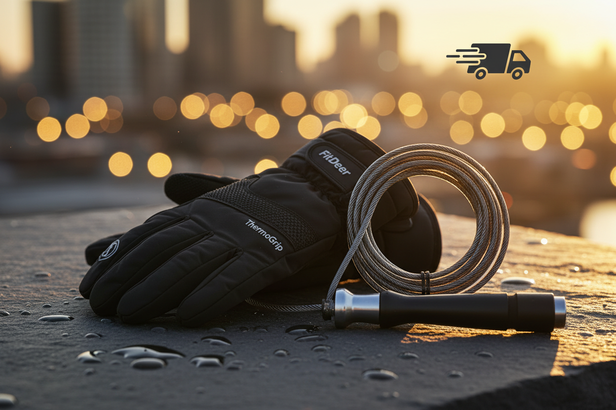 A premium product photography shot of a pair of black "FitDeer ThermoGrip" winter sports gloves and a coiled speed jump rope laid neatly on a dark, textured slate surface. The lighting is dramatic and warm (golden hour style), highlighting the textures of the fabric and gear. In the background, there is a subtle, blurred bokeh effect of warm city lights in winter and a faint outline of a fast delivery truck icon. The overall mood is luxurious, energetic, and ready for action. High resolution, cinematic 4k.