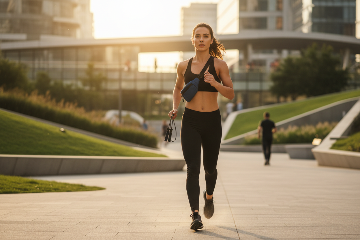 Professional cinematic shot of a fit young woman jogging in a modern city park during golden hour sunset. She is wearing a blue crossbody sling bag on her chest and holding a jump rope in her hand. She wears black athletic leggings and a sports bra. Dynamic motion, determined facial expression, warm lighting, photorealistic, 8k resolution, high quality commercial fitness photography.